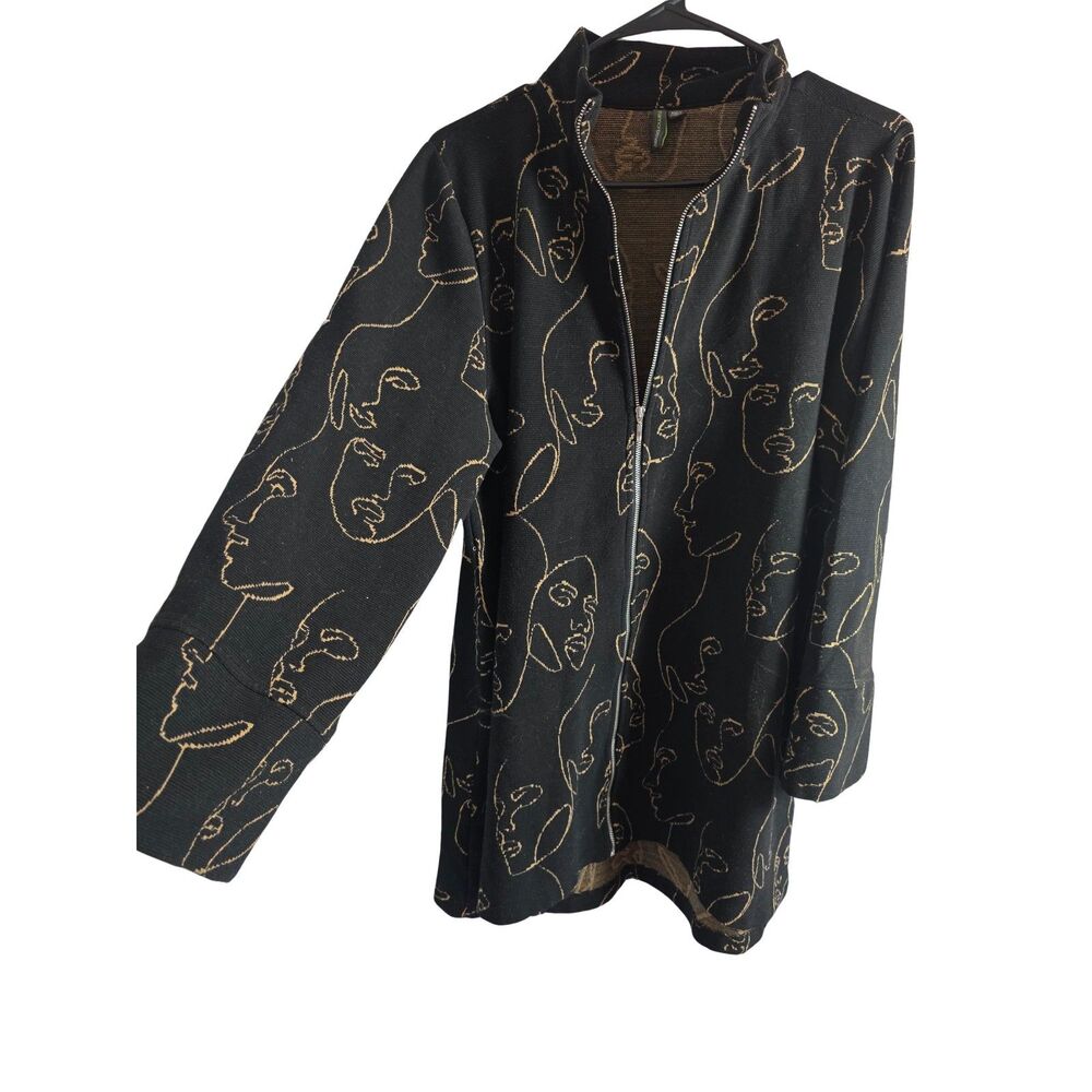 Shannon Passero Abstract Line Art Faces Knit Zip Up Cardigan Jacket Black Gold L